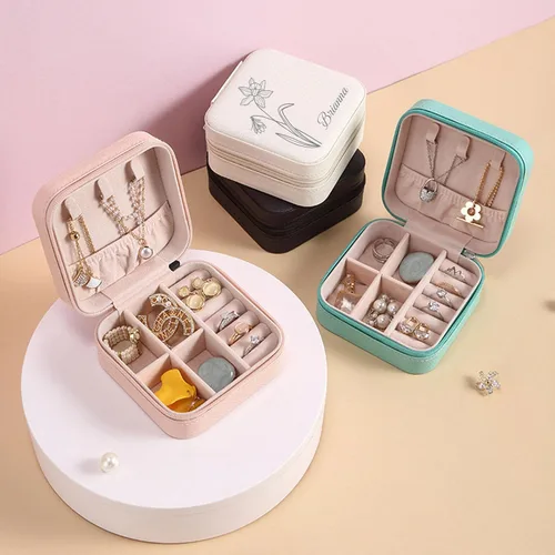 Miniatura 12 de Joyero personalizado con tu nombre y mes de la flor de nacimiento, organizador de joyas de cuero personalizado, estuche de viaje, regalos Negro