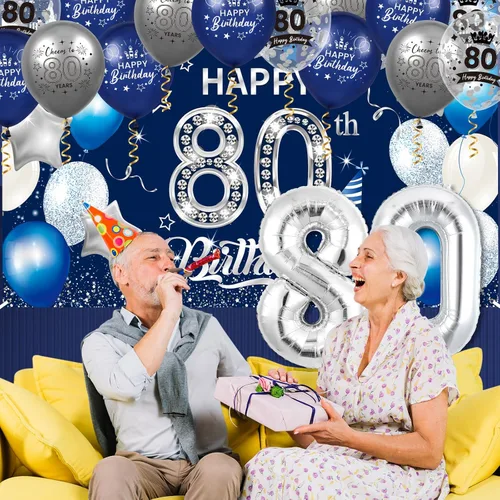Miniatura 5 de Rumia Decoraciones de cumpleaños número 80, 131 piezas azul marino y plateado: pancarta, mantel, fondos de aluminio, globos, servilletas, vasos
