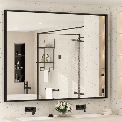 Miniatura 11 de Paquete de 2 espejos de baño con marco de metal negro de 22 x 30 pulgadas, espejo rectangular redondeado negro mate, antioxidante, se cuelga