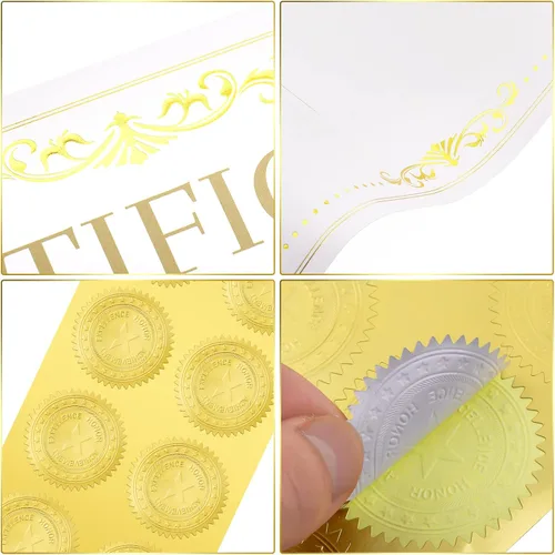 Miniatura 3 de 50 paquetes de papel de certificado de papel de aluminio dorado de 11 x 8.5 pulgadas con 100 piezas de sellos dorados en relieve, sellos dorados