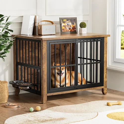 Miniatura 2 de Lulive Mueble de jaula para perros, jaula de madera para perros de interior con cuencos ajustables de 360° y altura, muebles de doble puerta