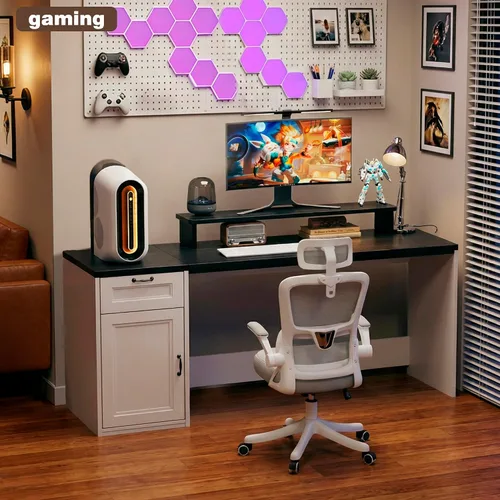 Miniatura 7 de HUAHUU Escritorio ejecutivo de granja de 63 pulgadas con cajones, escritorio moderno para computadora con tomas de corriente, escritorio de oficina