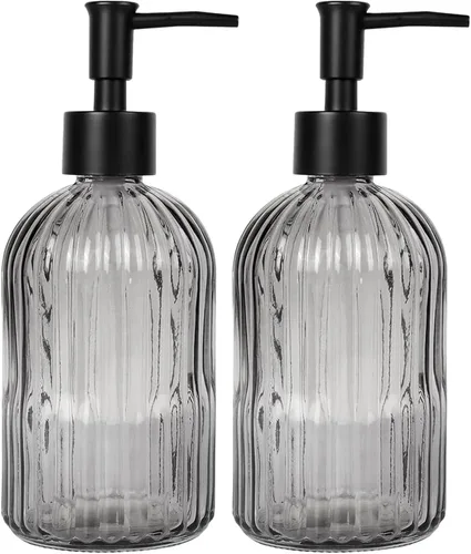 Miniatura 12 de 14Oz Black Pump Glass Soap Dispenser, Brown Stripe Countertop Refillable Liquid Bottle Hand Dish Lotion Dispenser with Plastic Pump, for Kitchen