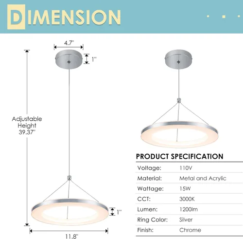 Miniatura 4 de CHYING Lámparas colgantes LED para isla de cocina, lámpara de araña de anillo moderno de 11.8" 15W, luz cálida blanca, lámpara colgante de techo