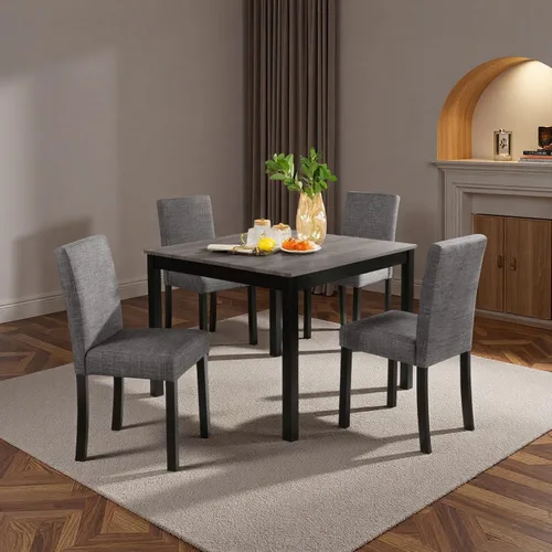Juego de mesa de comedor para 4, juego de mesa de comedor de 5 piezas con mesa cuadrada y 4 sillas tapizadas de tela de lino, modernos juegos de