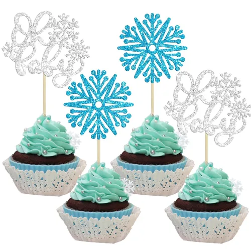 Miniatura 8 de Gyufise 24 adornos de copos de nieve Oh Baby para cupcakes con purpurina azul, decoración de pastel de baby shower congelado para baby shower