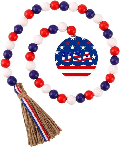 CYee Guirnalda de cuentas de madera patriótica del 4 de julio con borlas rústicas para colgar en la pared con bandera americana con etiqueta de EE.