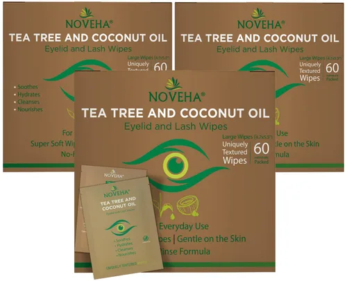 Miniatura 12 de NOVEHA 60 toallitas para párpados y pestañas de árbol de té y aceite de coco, para demodex, blefaritis y picazón en los ojos, toallitas de pestañas