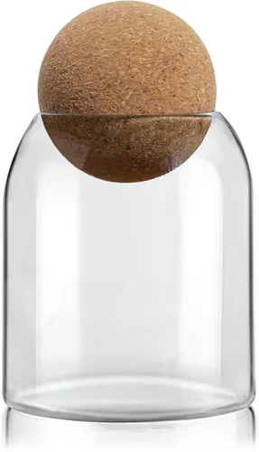 ComSaf Tarro de vidrio decorativo transparente de 16 onzas con tapa de bola de corcho, barra de café, cocina, almacenamiento de baño, apto para