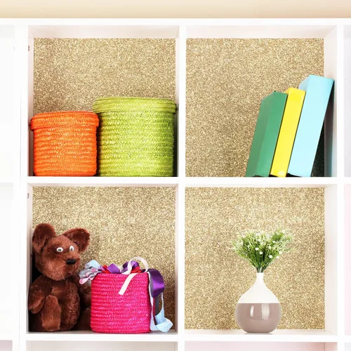 Miniatura 5 de VEELIKE 15.7"x118" Papel pintado de oro champán con purpurina para despegar y pegar, papel de contacto autoadhesivo extraíble con purpurina, rollo
