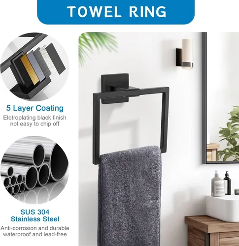Miniatura 3 de Juego de 5 accesorios de baño de acero inoxidable SUS304, montaje en pared de 23.6 pulgadas Negro mate