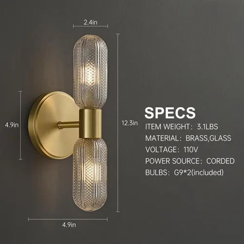 Miniatura 4 de Apliques de pared de latón cepillado, apliques de vidrio doble moleteado de 12.3 pulgadas, aplique dorado de 2 luces, luces de pared para sala