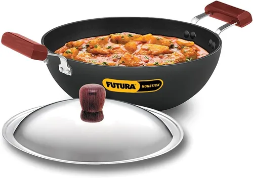 HAWKINS Futura Kadhai de 3,5 litros de profundidad, Kadai antiadherente con tapa de acero inoxidable, fondo plano de inducción, Kadhai (INK35S)