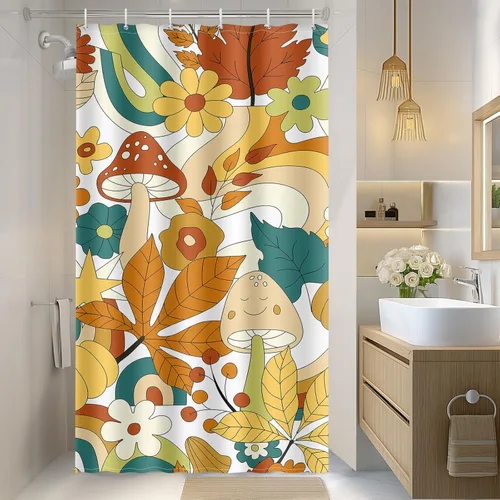 Aimego Cortina de Ducha Pequeña para Cabina - Lindo Hongo Retro Boho Floral de los Años 70 Planta Funky Groovy Flores Hippie Estrecha Media Tela