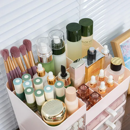 Miniatura 6 de SuoXing Organizador de maquillaje para tocador, organizador de maquillaje grande con 6 cajones para mostrador, organizador de almacenamiento de Rosa