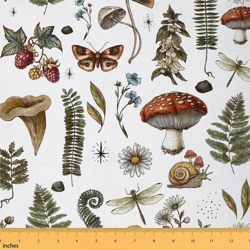 Miniatura 19 de Tela de Hongos por Yarda, Estilo Groovy de los 70s, Margaritas, Hojas Verdes, Telas para Amantes de la Costura, Plantas Naturales de la Selva, Tela