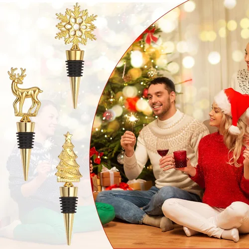 Miniatura 4 de Tapón para botella de vino, 3 piezas de árbol de copo de nieve de Navidad, ciervo, tapón decorativo para botella de vino, tapones de botella de vino