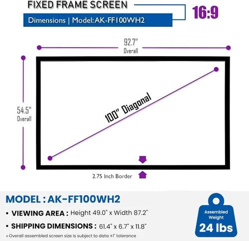 Miniatura 2 de Akia Screens Pantalla de proyector de marco fijo de 100 pulgadas, proyector Ultra HD 16:9, 8K/4K y listo para 3D, pantalla de proyección