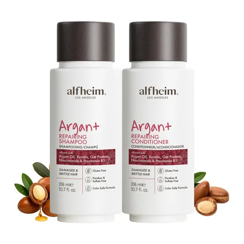 ALFHEIM Argan+ - Juego de champú y acondicionador reparador para cabello seco, dañado y encrespado con aceite de argán, queratina, proteína de