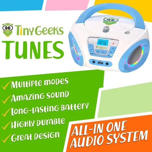 Miniatura 2 de TinyGeeks Tunes Reproductor de CD para niños Boombox - NUEVO 2023 - Radio FM - Baterías incluidas - Linda radio CD blanca con altavoces para niños