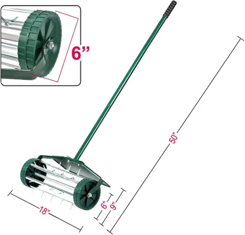 Miniatura 9 de Goplus Aireador de césped rodante, 18 pulgadas para jardín y patio, con púas de empuje giratorias, para aireación de suelo, herramienta de aireación