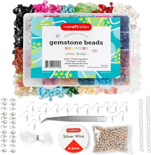 Incraftables 1000 cuentas de chip de cristal para fabricación de joyas, 24 colores surtidos de piedras preciosas (0.23 a 0.39 pulgadas), cuentas de