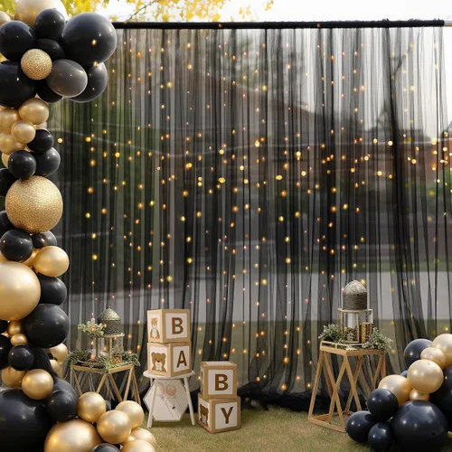 Miniatura 4 de Cortina de telón de fondo de tul negro de 10 x 10 pies con cadena de luces para fiestas, cortinas de fondo de fotos transparentes para bodas