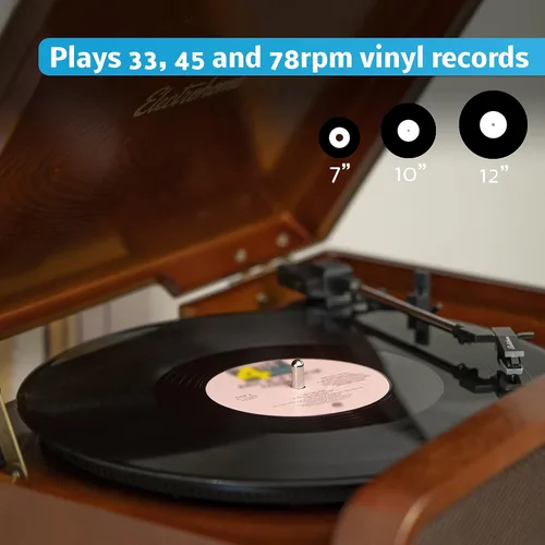 Electrohome Kingston - Reproductor de discos de vinilo vintage 7 en 1 con tocadiscos de 3 velocidades, Bluetooth, radio AM/FM, CD, entrada auxiliar,