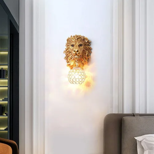 Miniatura 8 de Juego de 2 apliques de pared con cabeza de león dorados, lámpara de pared moderna de lujo con forma de globo de cristal, cabeza de animal de resina