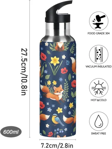 Miniatura 9 de Insulated Water Bottle 32 Oz, Leakproof Water Bottles for Gym Outdoor Travel School, Cute Foxes Colorful Flowers