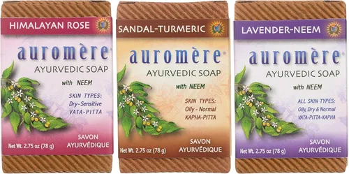 Auromere Paquete variado de jabón ayurvédico, 3 barras de jabón natural de 2.75 onzas, jabón vegano hecho a mano con hierbas ayurvédicas y neem