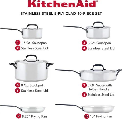 Miniatura 2 de KitchenAid Juego de ollas y sartenes de acero inoxidable pulido de 5 capas, 10 piezas