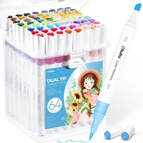 Ohuhu Marcadores a base de agua para libros de colorear para adultos, sin sangrado, 64 colores, marcadores de doble punta para colorear para niños,