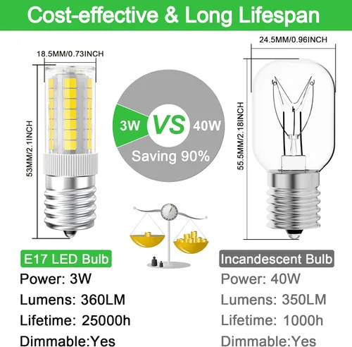 Miniatura 2 de Bombillas LED de microondas debajo del capó equivalente a 40 W, bombilla LED E17 regulable para campana extractora, refrigerador, 3 W 360 lm LED