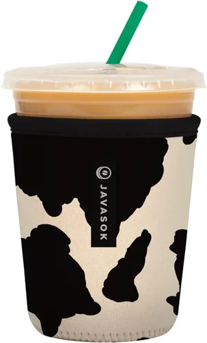 Sok It JavaSok - Funda de neopreno con aislamiento térmico para tazas de café helado y refrescos fríos; diseño de estampado de vaca, tamaño S (16-20