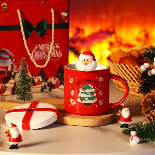 Miniatura 2 de Tazas de Navidad de Suttmin con tapa y cuchara, tazas de café de Navidad de porcelana, lindas tazas de té de Santa de cerámica con caja de regalo