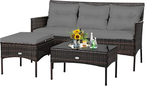 Miniatura 9 de Tangkula juego de sofá de esquina para patio de 3 piezas, juego de sofá de ratán para exteriores, incluye chaise lounge, sofá doble y mesa auxiliar