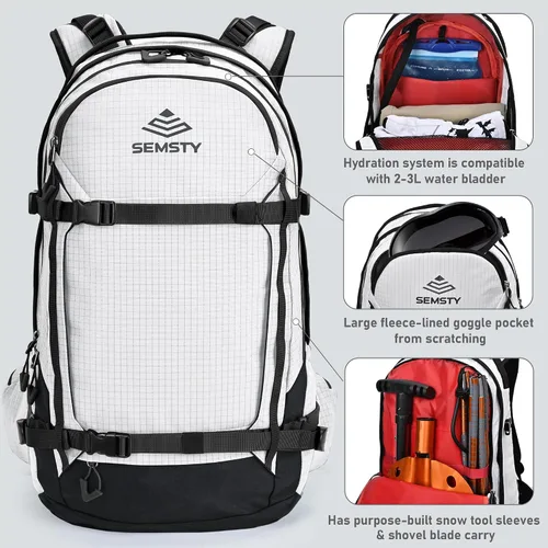 Miniatura 2 de SEMSTY Mochila de hidratación de esquí de 25 litros con vejiga de agua de 2 L, arnés aislado, mochila impermeable para viajes de snowboard, esquí