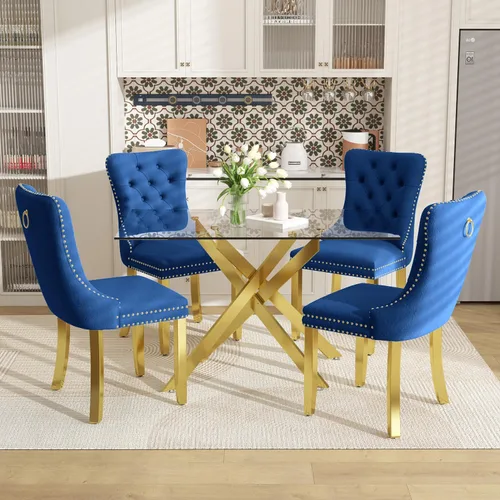 Miniatura 13 de Juego de mesa de comedor de 51 pulgadas de vidrio para 4, mesa de cocina rectangular de vidrio con 4 sillas tapizadas con acentos de terciopelo