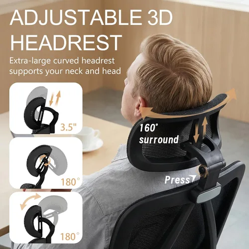 Miniatura 6 de Silla de oficina ergonómica de malla con reposabrazos, silla de escritorio grande y alta con soporte lumbar, silla giratoria de computadora