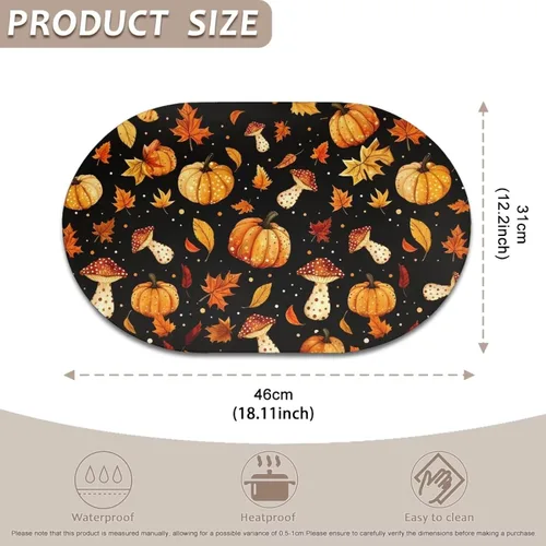 Miniatura 3 de Non Slip Placemats Set of 6 Pumpkin Mushroom Theme Waterproof Wipeable Faux Leather for Thanksgiving Family Feast Heat Resistant Dining Table Mats