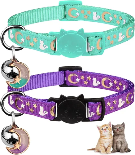 Baeuppit 2 piezas de collares de gato separables con campana, lunas, estrellas, lindos collares ajustables para gatitos con colgante que brillan en