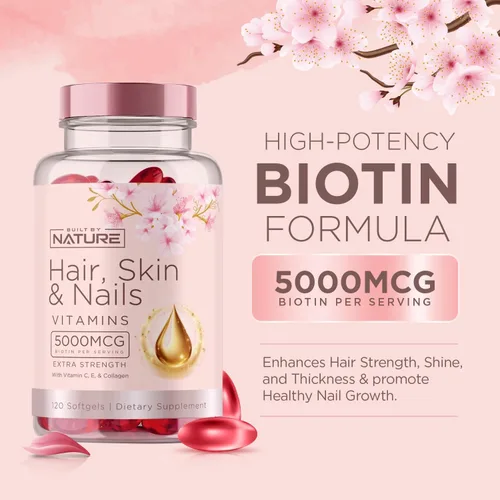 Miniatura 3 de Vitaminas para la piel y las uñas – 5000 mcg de biotina con vitamina C, E, colágeno, ácido hialurónico, argán y aceite de coco – Delicioso