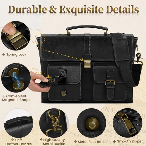 Miniatura 6 de RAINSMORE Bolsa de mensajero para hombre de 15.6 pulgadas de cuero vintage para laptop, maletín impermeable, bolsa de cuero para computadora laptop