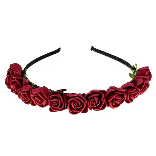 Corona floral BOHO con diadema de rosas para el cabello (rojo oscuro)