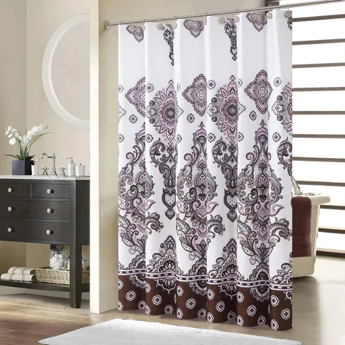 Miniatura 29 de Cortina de ducha larga de tela, cortinas de ducha de damasco bohemio con estampado de paisley en vino burdeos y oro amarillo, cortinas impermeables