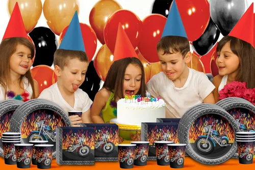 Miniatura 7 de Juego de suministros para fiesta de cumpleaños de motociclistas, platos, servilletas, vasos, vajilla para 16