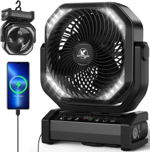 Miniatura 13 de KITWLEMEN - Ventilador de camping con luz - Ventilador recargable de 20,000 mAh con batería, tiempo máximo de funcionamiento de 60 horas, 4