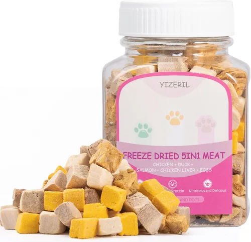 Mezcla de carne liofilizada 5 en 1 para perros y gatos – Pollo, pato, salmón, yema de huevo e hígado, ingredientes naturales para mascotas, sin