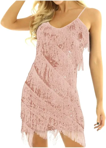 Vestido sexy de fiesta con cuello en V para mujer, vestido de lentejuelas de color sólido, vestido con flecos, para ocasiones especiales